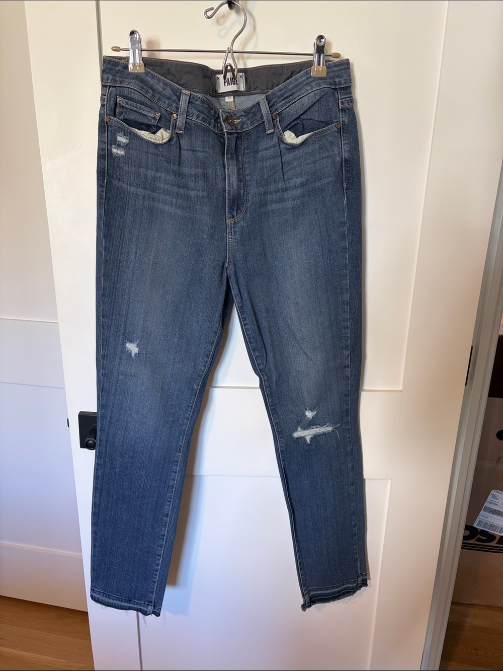 PAIGE Dark Blue Ankle Crop Distressed Jeans